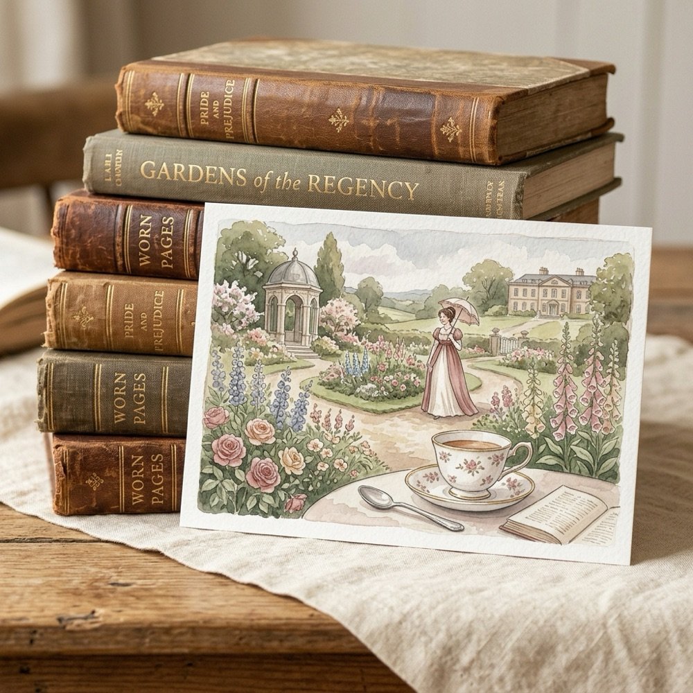 Watercolor painting of a Regency garden